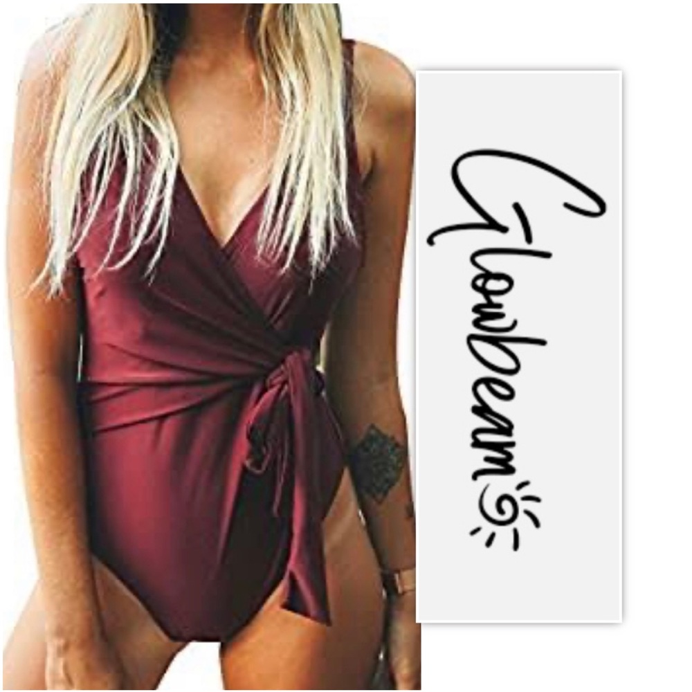 Glowbeam Burgundy Side Tie Plunge Neckline One Piece Swimsuit